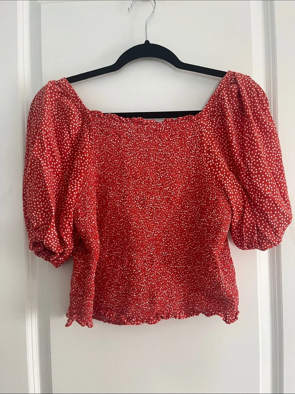 LOFT Red Puff-Sleeve Square Neck Blouse with White Dot Print